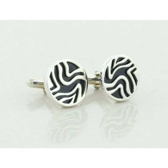 Men's Sterling Silver and Black Bullet Back Cufflinks - Picture 6 of 6